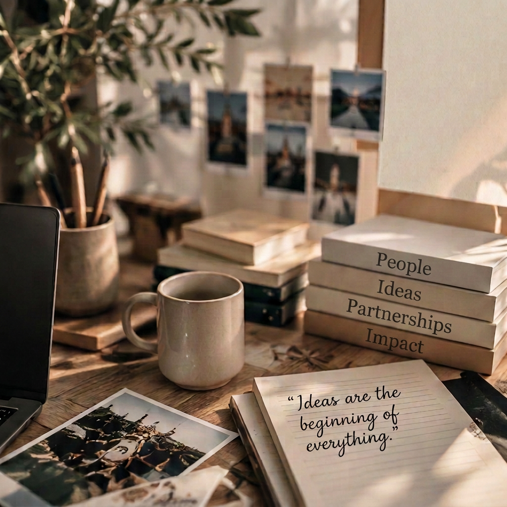 A warm workspace with olive branches, books, photographs, a mug and an open notebook